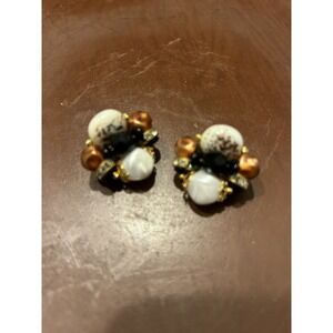 Vintage Clip Earrings White Black & Brown Beads‎